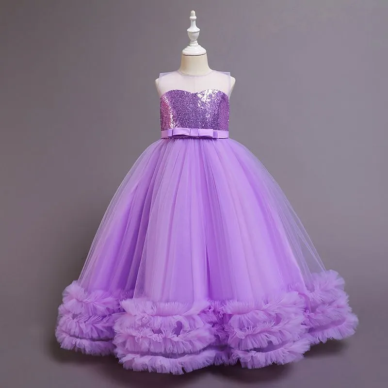 Children Pink Mesh Sequin Girls Cascade Ruffle Formal Prom Princess Ball Dresses