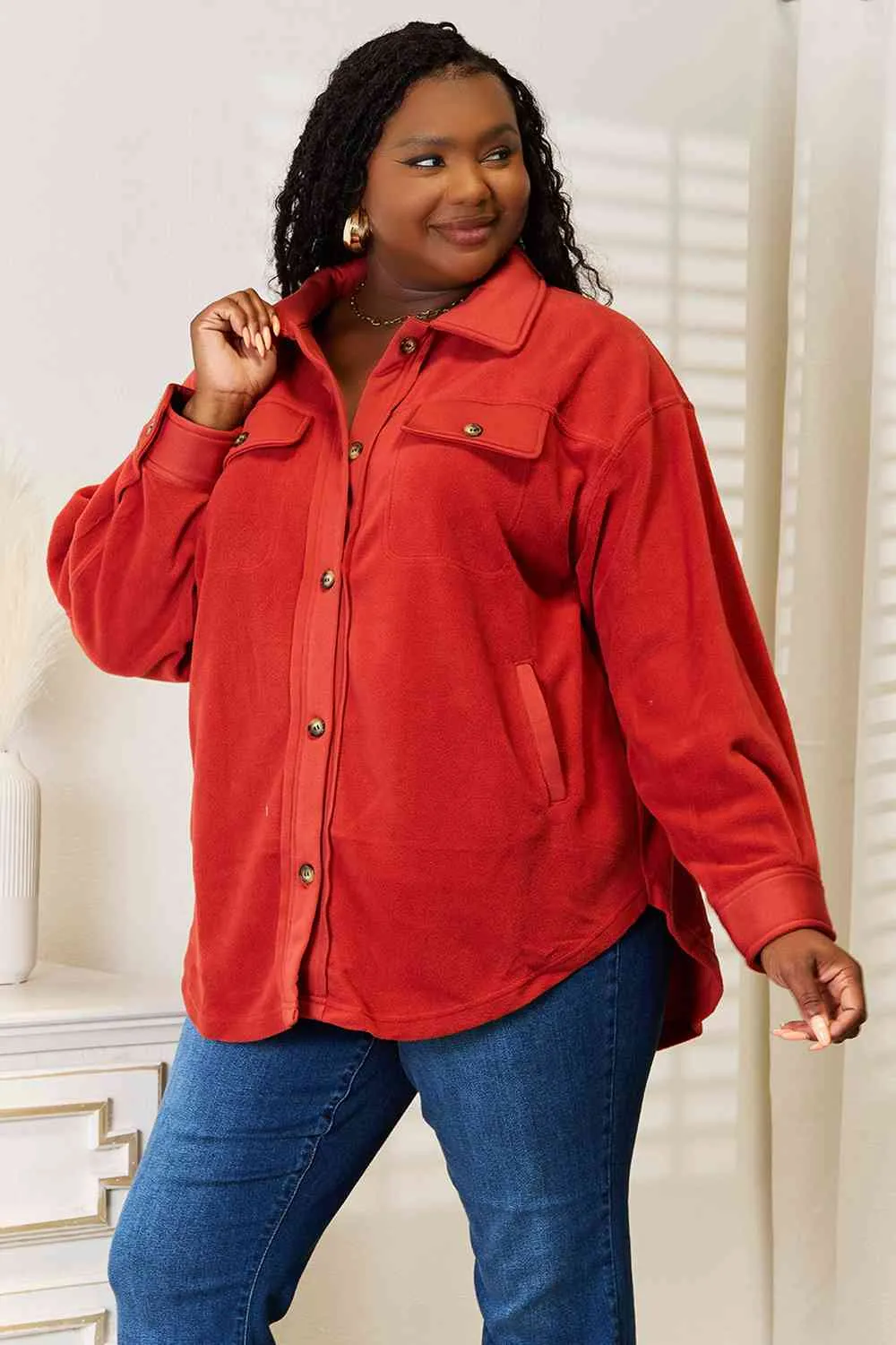 Cozy Girl Button Down Shacket in Rust