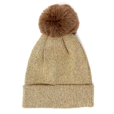 Cozy Metallic Thread Pom Pom Beanie Hat