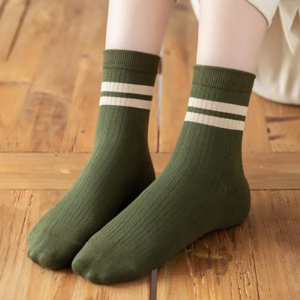 Double Bar Stripe Cotton Breathable Mid-calf Socks 49376445C