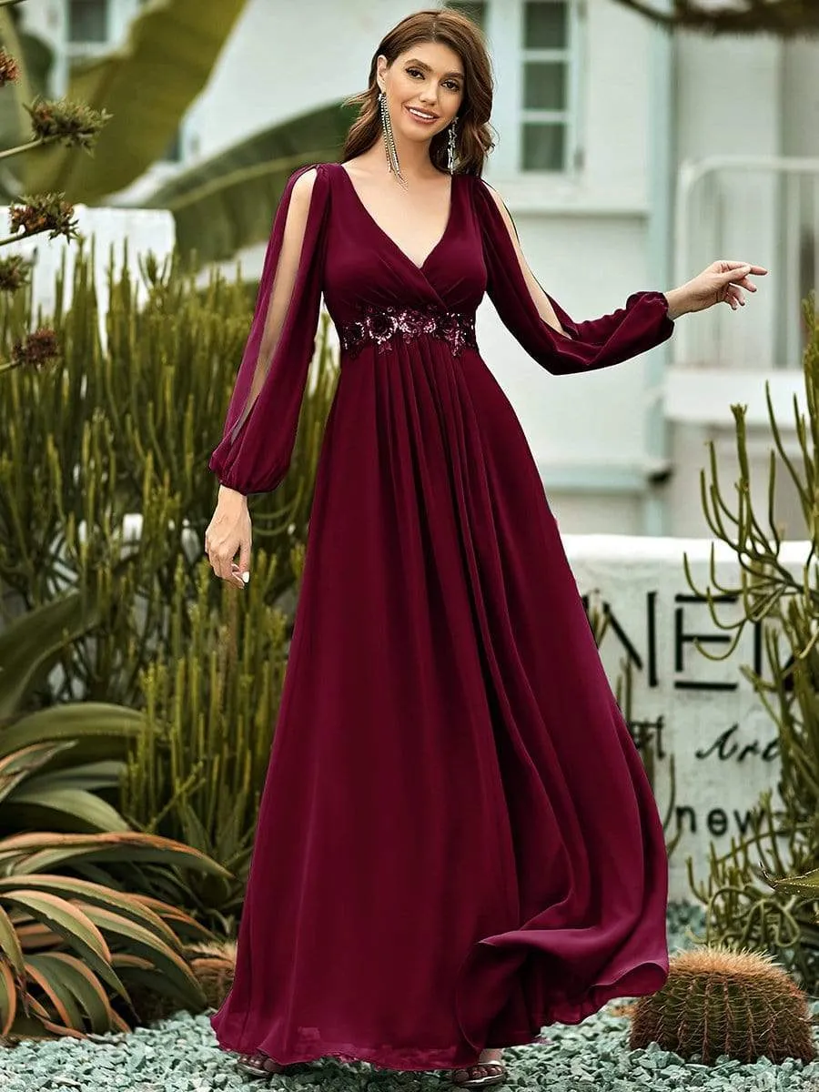 Elegant Chiffon V-Neckline Long Sleeve Formal Evening Dress