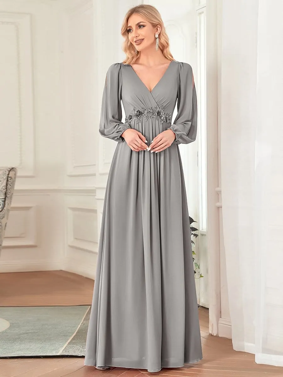 Elegant Chiffon V-Neckline Long Sleeve Formal Evening Dress