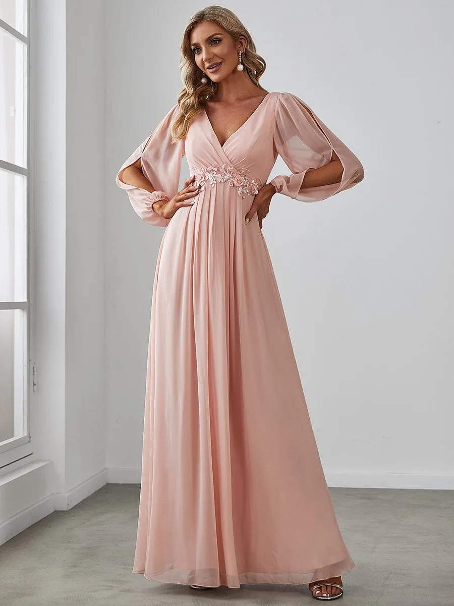 Elegant Chiffon V-Neckline Long Sleeve Formal Evening Dress