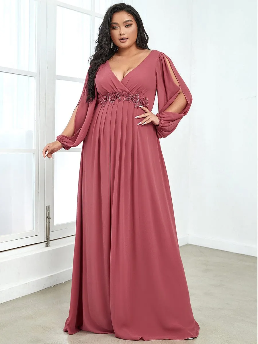 Elegant Chiffon V-Neckline Long Sleeve Formal Evening Dress