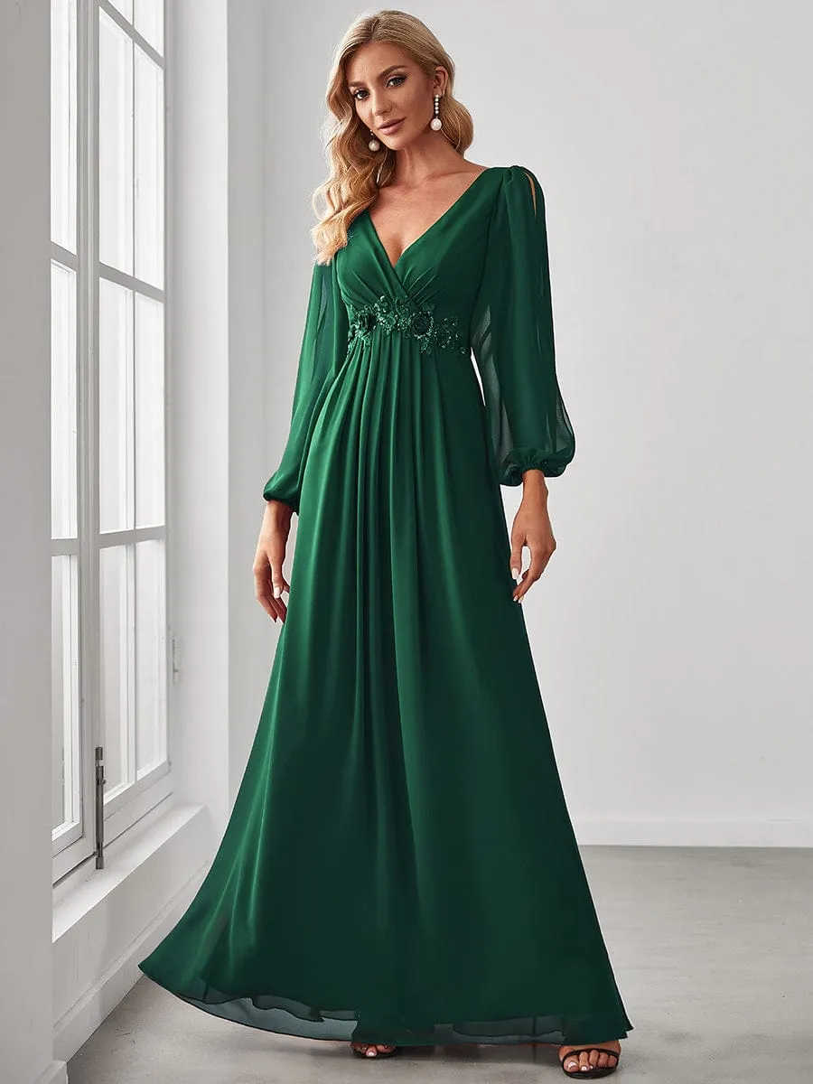 Elegant Chiffon V-Neckline Long Sleeve Formal Evening Dress