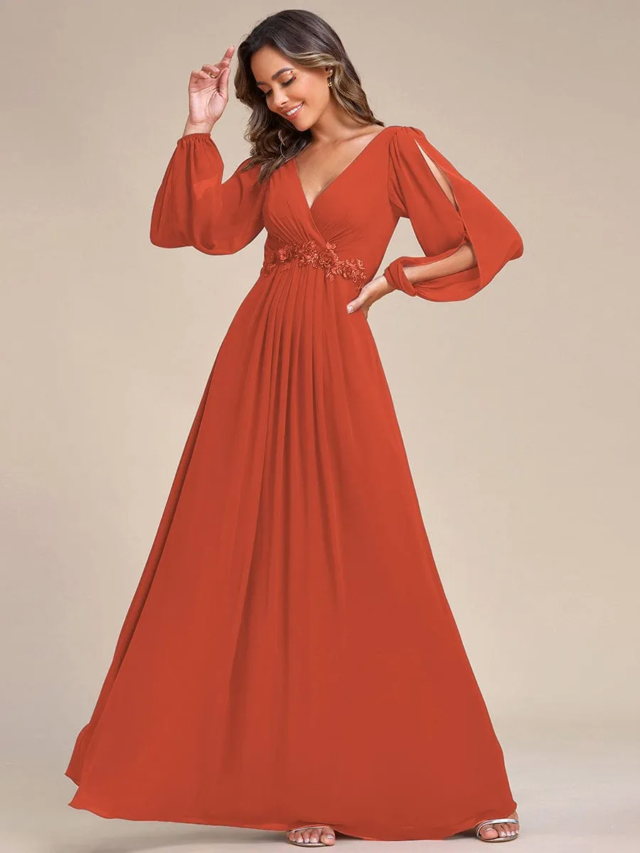 Elegant Chiffon V-Neckline Long Sleeve Formal Evening Dress