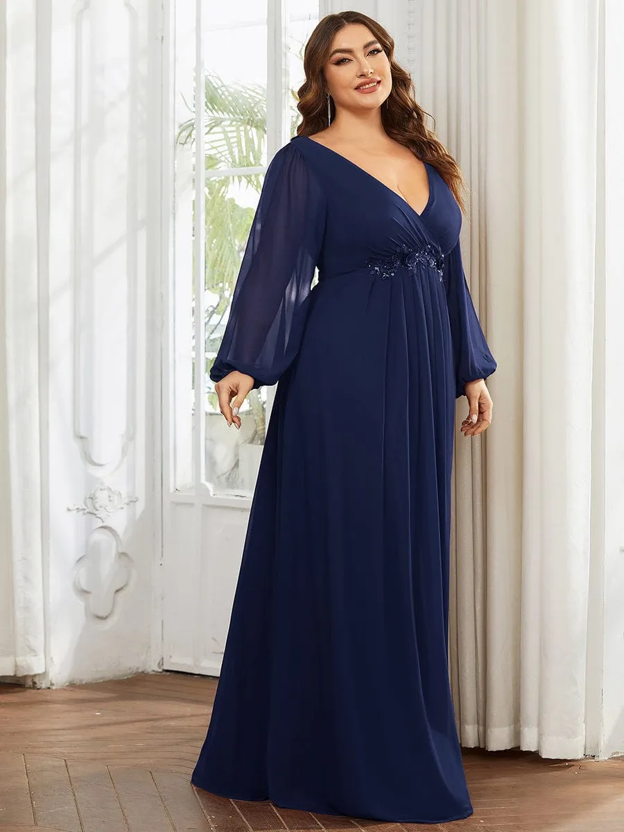 Elegant Chiffon V-Neckline Long Sleeve Formal Evening Dress