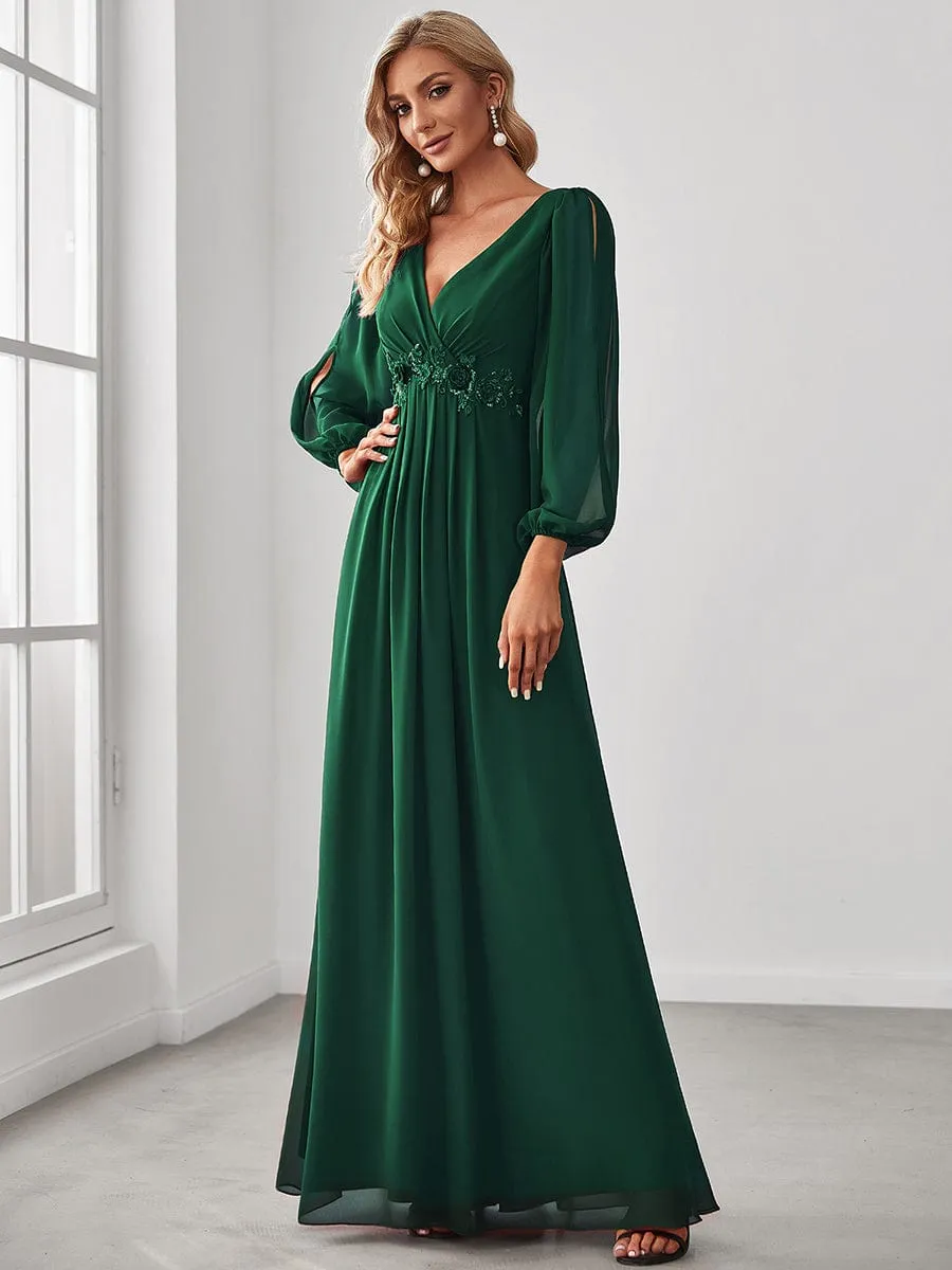 Elegant Chiffon V-Neckline Long Sleeve Formal Evening Dress