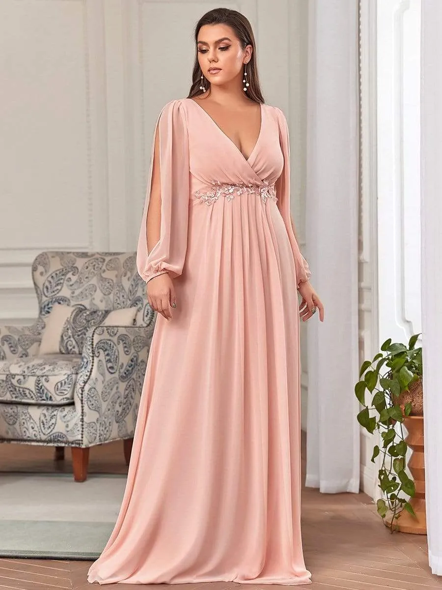 Elegant Chiffon V-Neckline Long Sleeve Formal Evening Dress