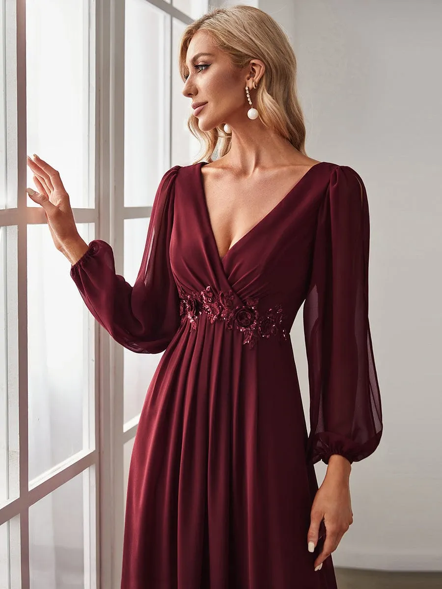 Elegant Chiffon V-Neckline Long Sleeve Formal Evening Dress