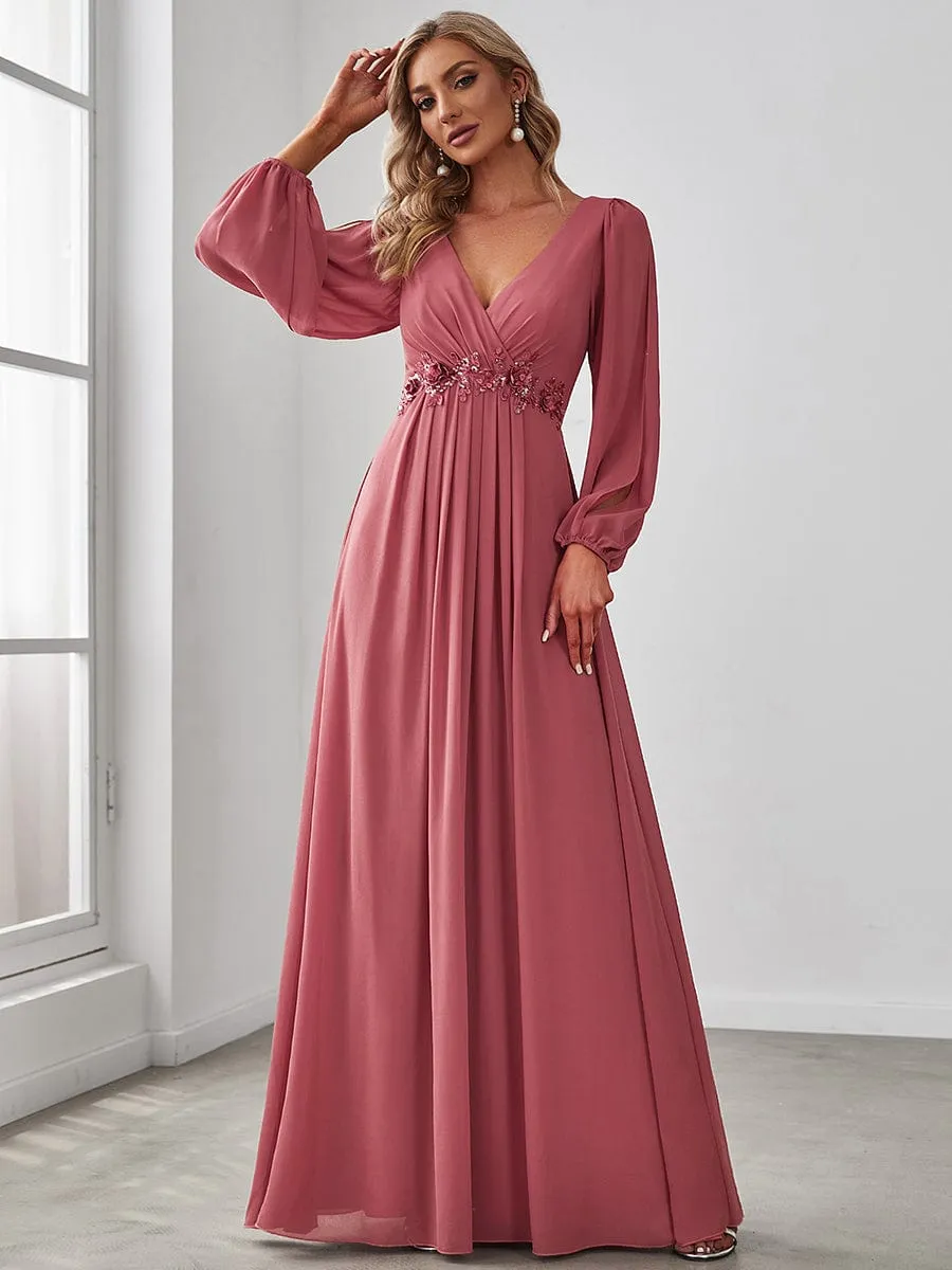 Elegant Chiffon V-Neckline Long Sleeve Formal Evening Dress