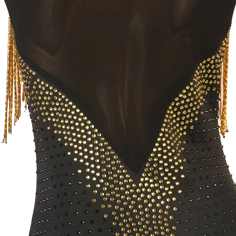 Elegant Gold Black Fringe Latin Dress | LQ298