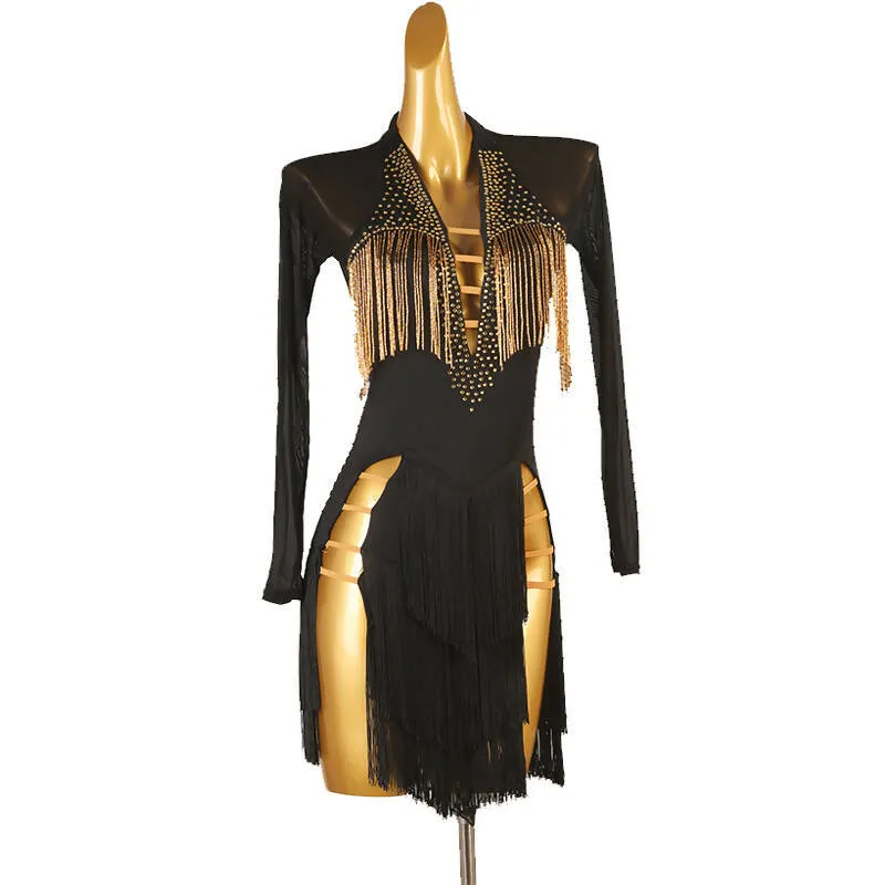 Elegant Gold Black Fringe Latin Dress | LQ298