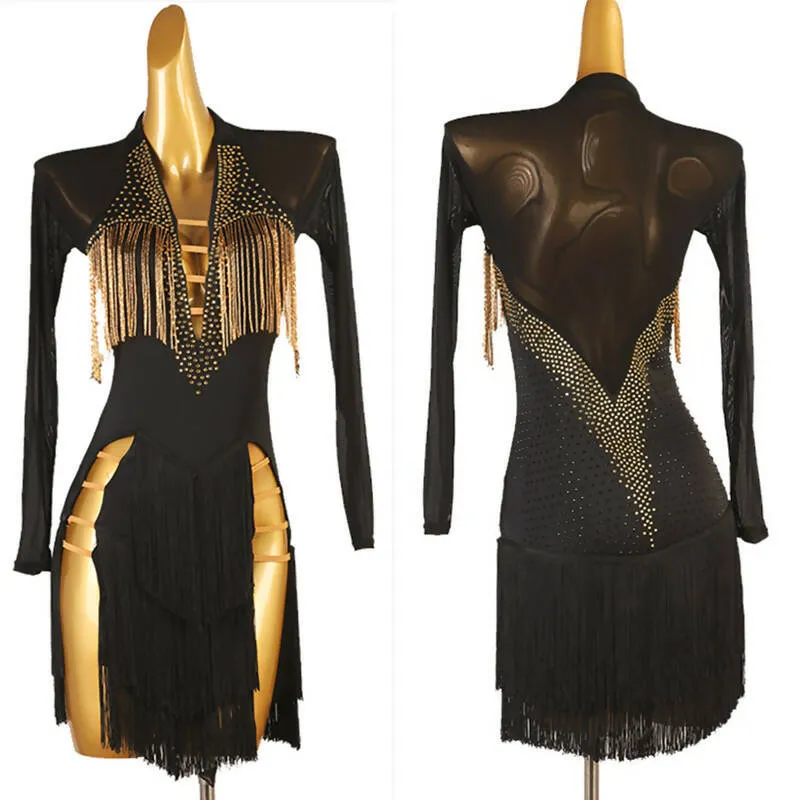 Elegant Gold Black Fringe Latin Dress | LQ298