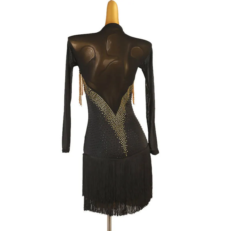 Elegant Gold Black Fringe Latin Dress | LQ298