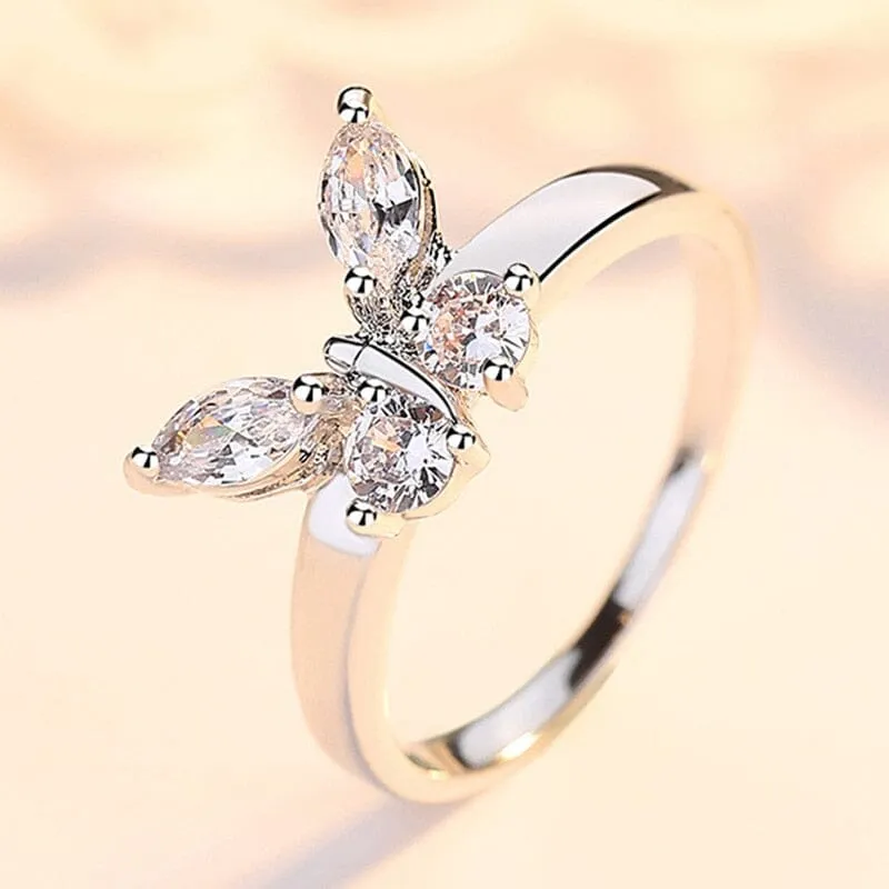 Elegant Zirconia Crystal Butterfly Silver Ring