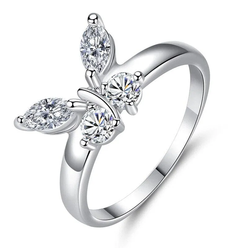 Elegant Zirconia Crystal Butterfly Silver Ring