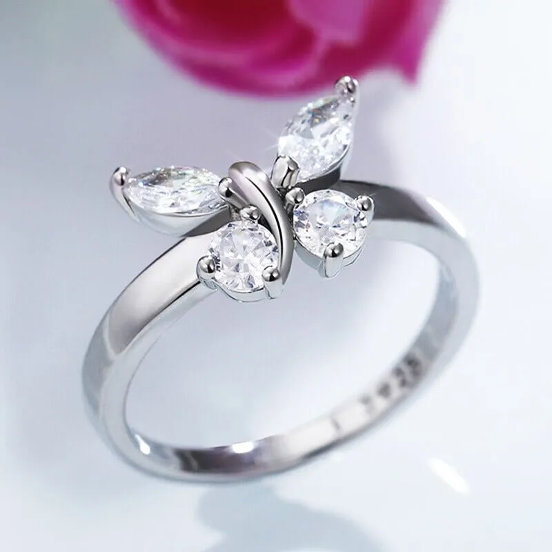 Elegant Zirconia Crystal Butterfly Silver Ring