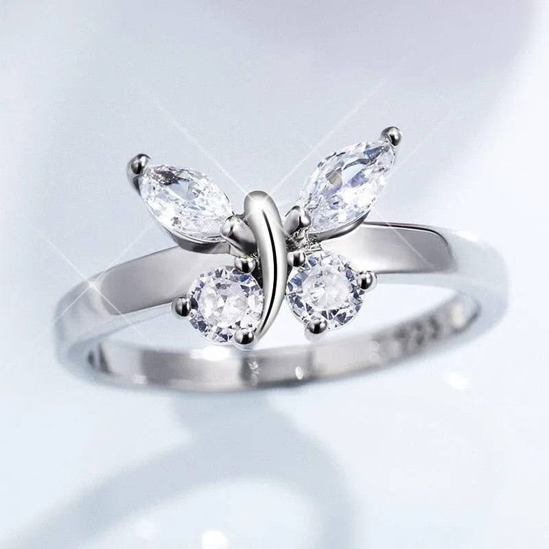 Elegant Zirconia Crystal Butterfly Silver Ring