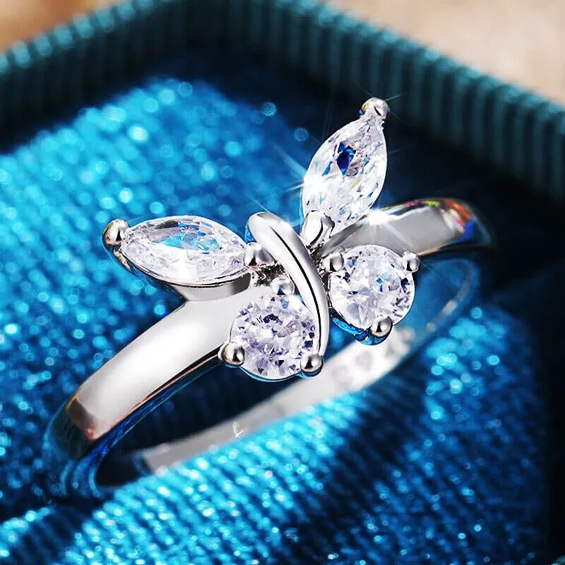 Elegant Zirconia Crystal Butterfly Silver Ring