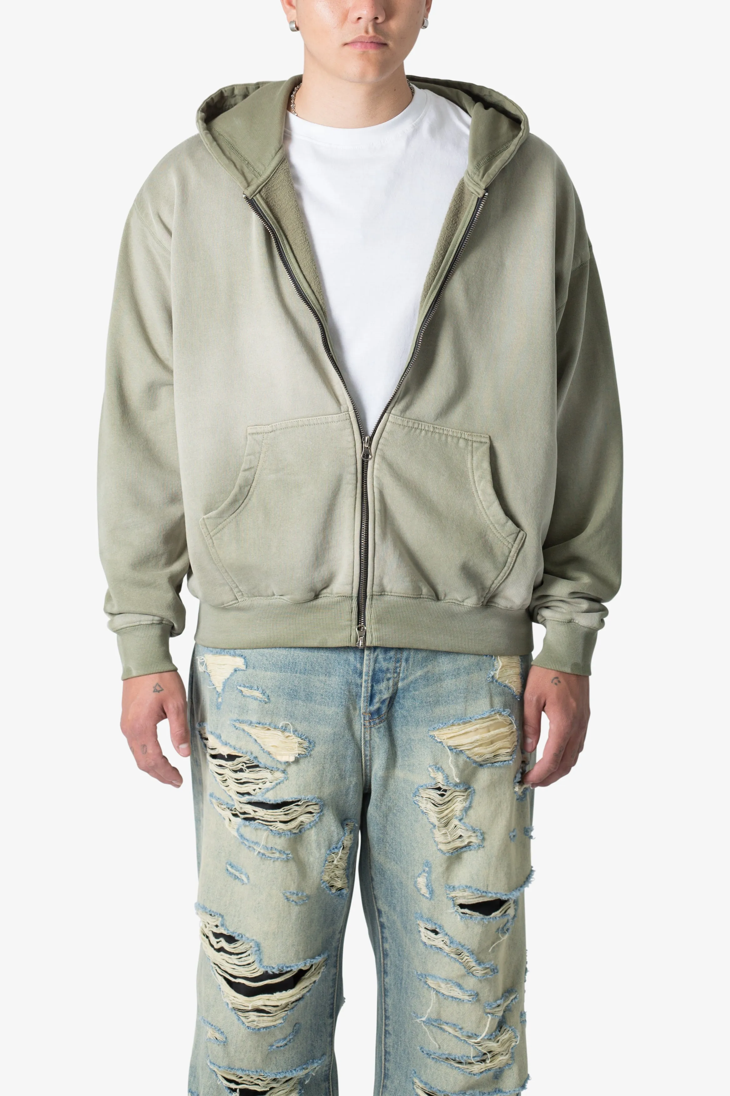 Faded Basic Zip Up Hoodie - Washed Olive