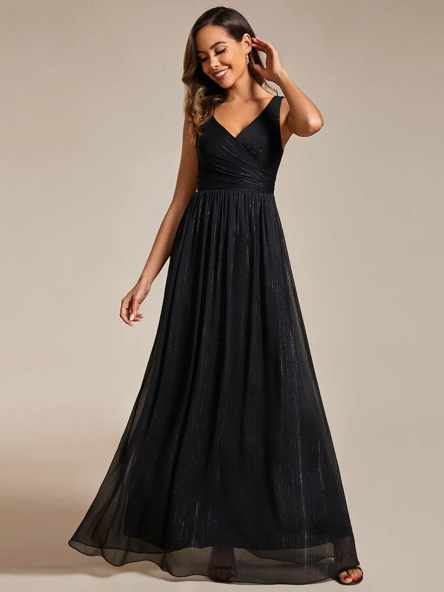 Floor Length V-Neck Sleeveless Glitter A-Line Evening Formal Dress