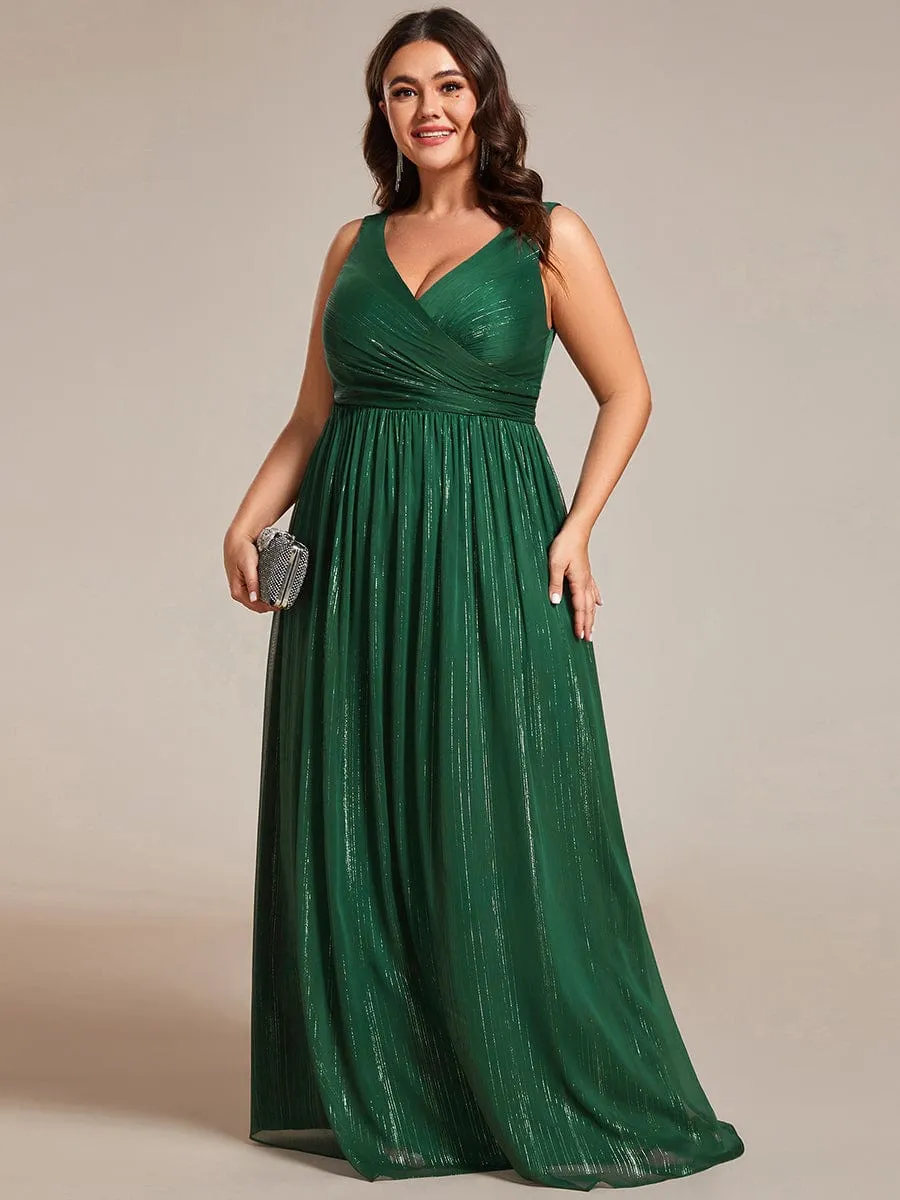 Floor Length V-Neck Sleeveless Glitter A-Line Evening Formal Dress