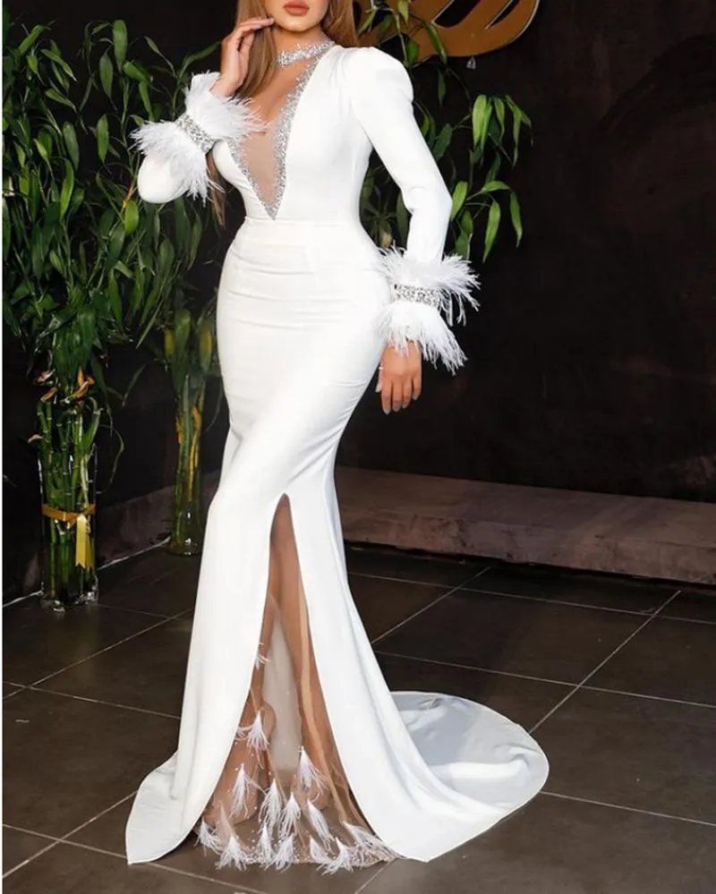 Formal Feather Sequin Gorgeous White Mesh Slit Prom Dress