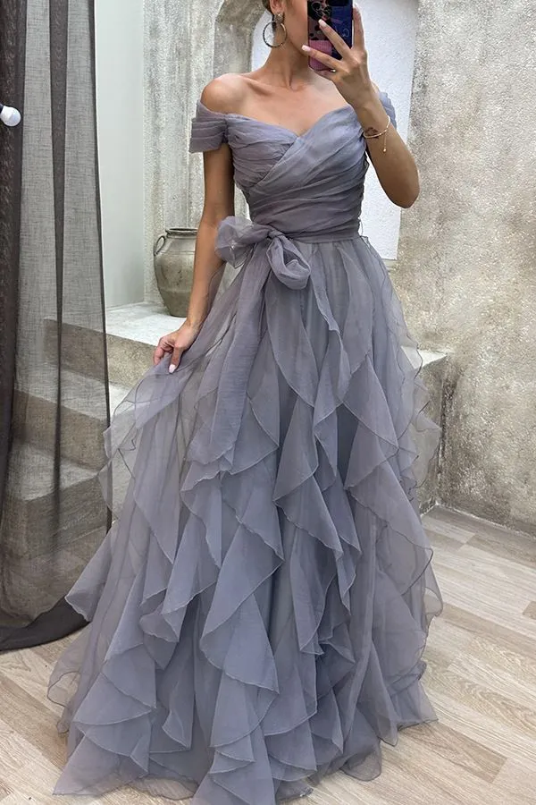 Formal Off Shoulder Ruffles Layered Tulle Gown Dress