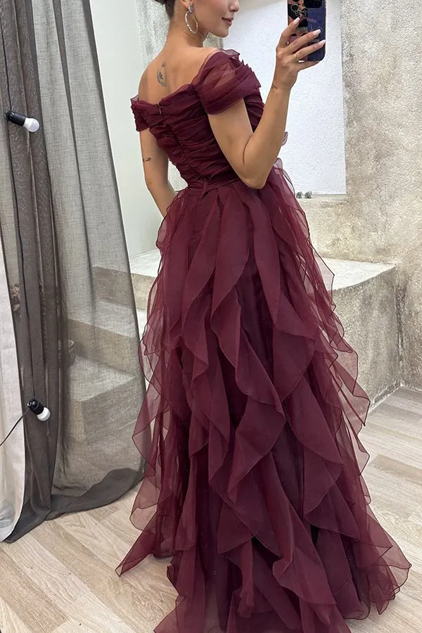 Formal Off Shoulder Ruffles Layered Tulle Gown Dress