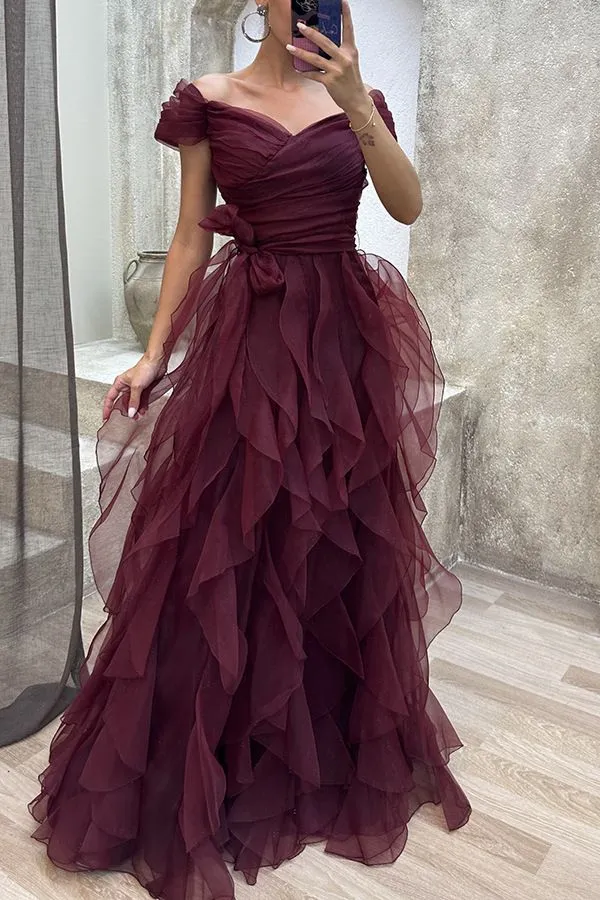 Formal Off Shoulder Ruffles Layered Tulle Gown Dress