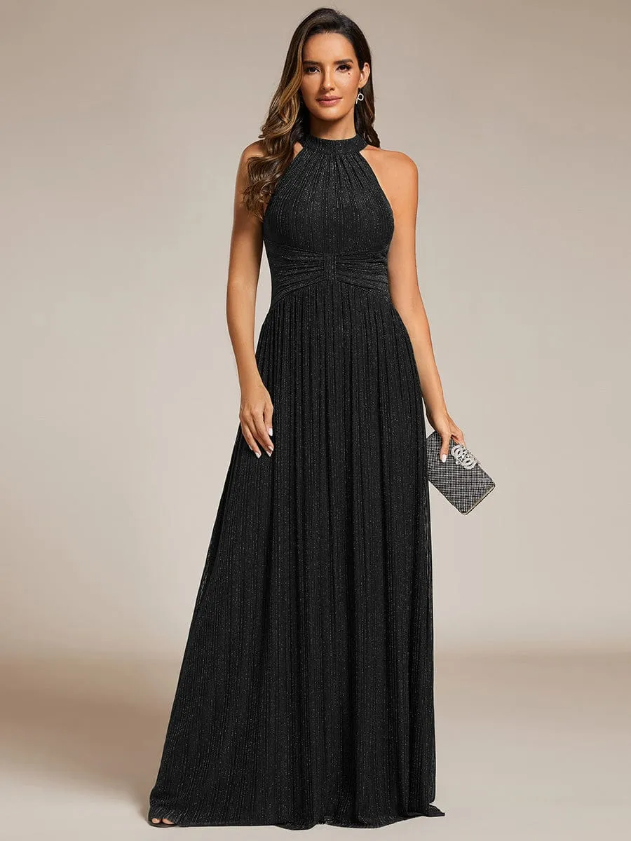 Halter Neck Pleated Glittery Formal Evening Dress with Empire Waist