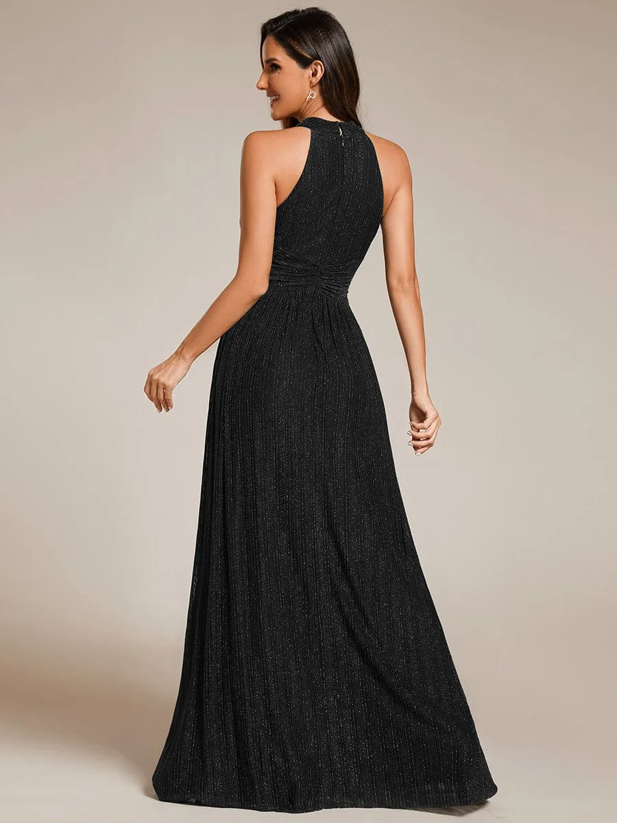 Halter Neck Pleated Glittery Formal Evening Dress with Empire Waist