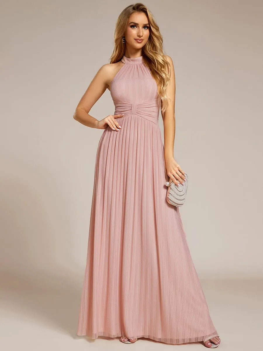 Halter Neck Pleated Glittery Formal Evening Dress with Empire Waist