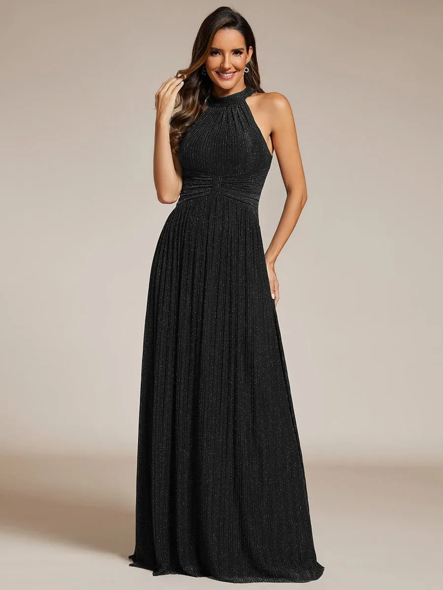 Halter Neck Pleated Glittery Formal Evening Dress with Empire Waist