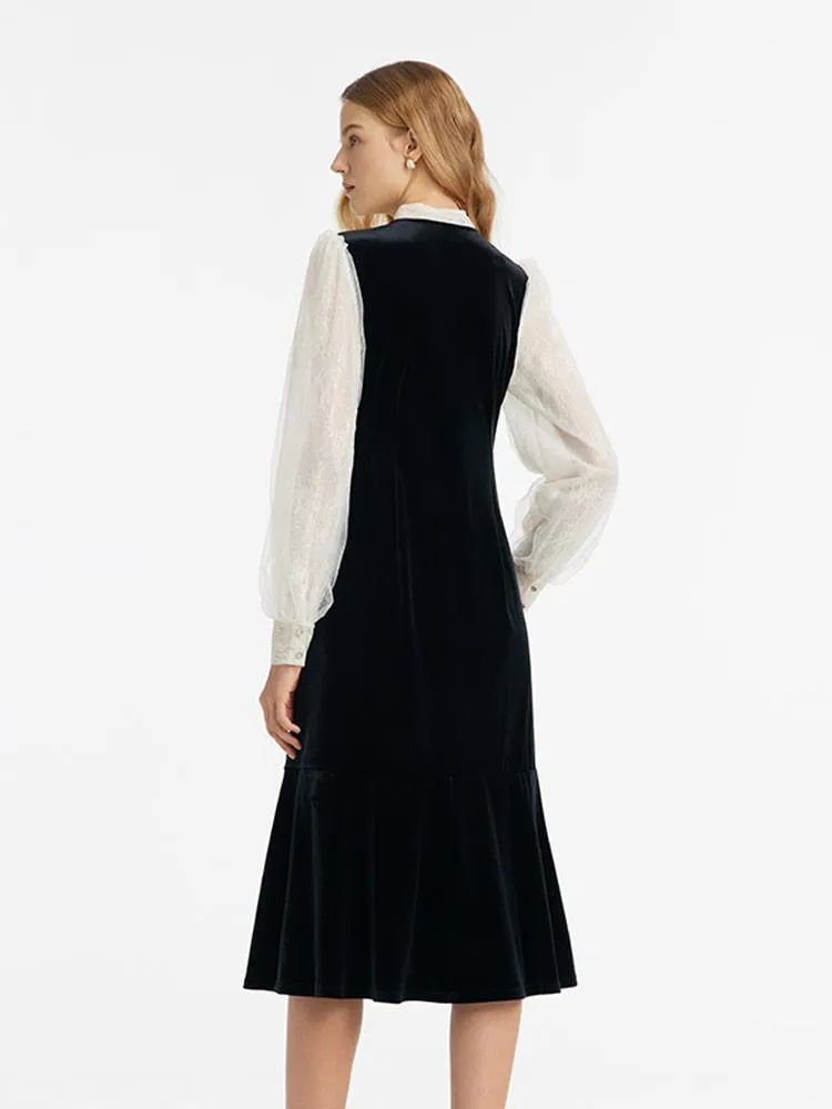 Lace Patchwork Velvet Women Midi Dress