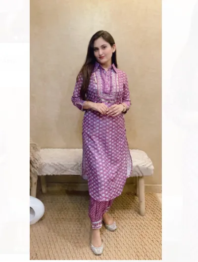 Lavender Lilac Embroidery Women Kurti Set