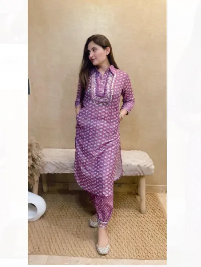 Lavender Lilac Embroidery Women Kurti Set