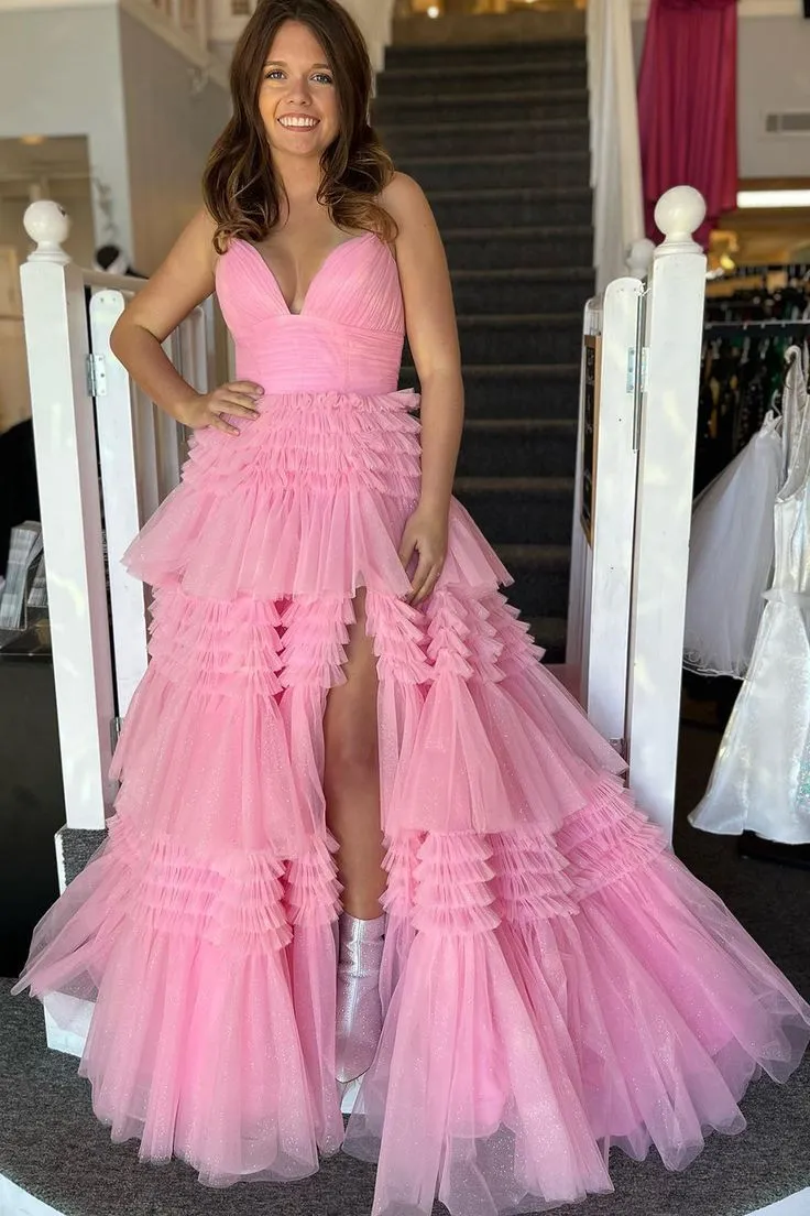 Light Champagne Slit Tulle Long Prom Dress Formal Dress SH681