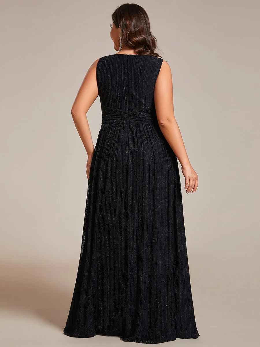 Plus Glittery Pleated Empire Waist Sleeveless Formal Evening Dress