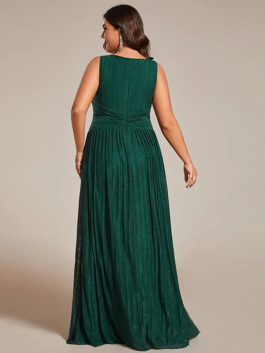 Plus Glittery Pleated Empire Waist Sleeveless Formal Evening Dress