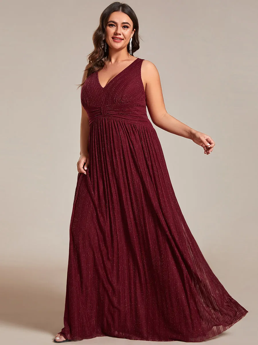 Plus Glittery Pleated Empire Waist Sleeveless Formal Evening Dress