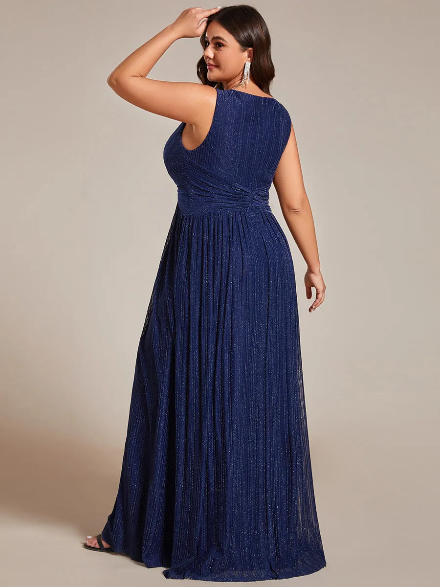 Plus Glittery Pleated Empire Waist Sleeveless Formal Evening Dress