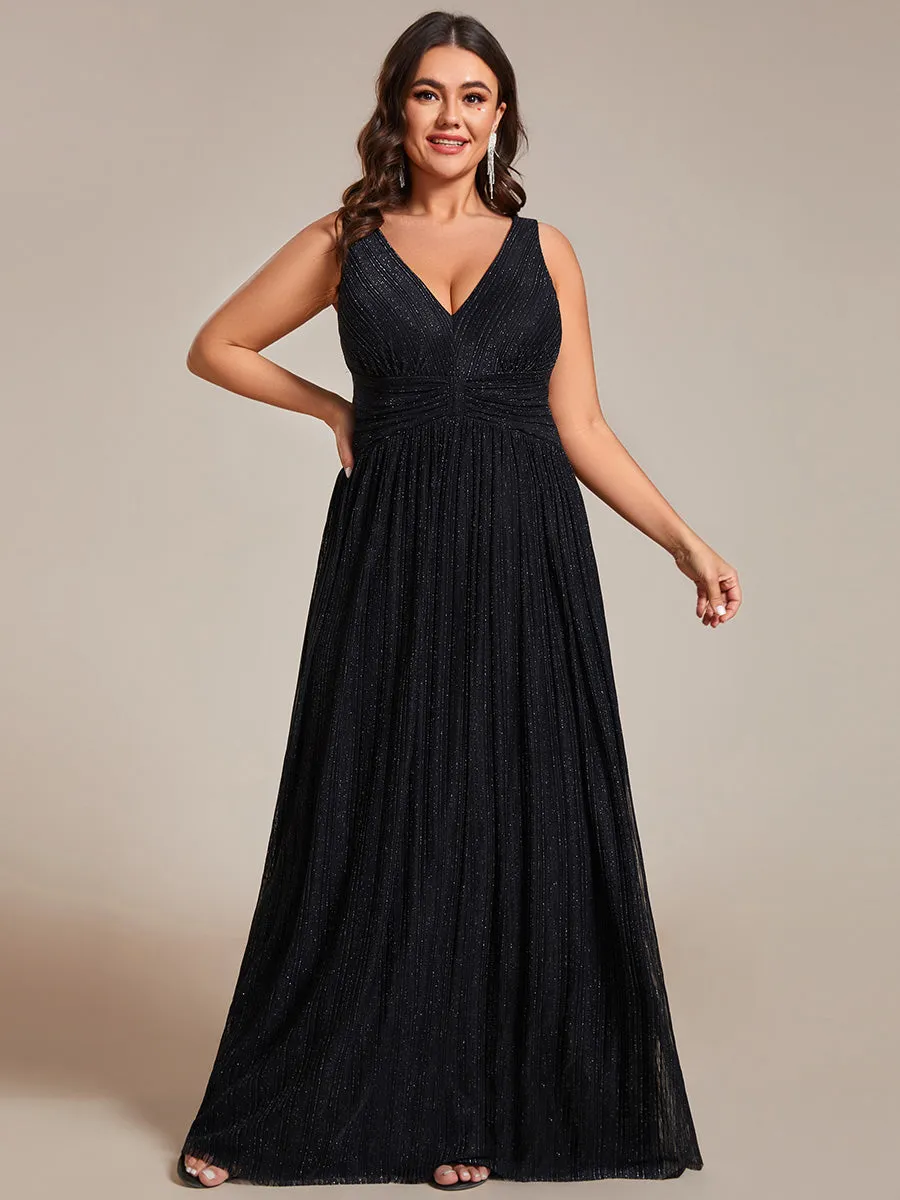 Plus Glittery Pleated Empire Waist Sleeveless Formal Evening Dress