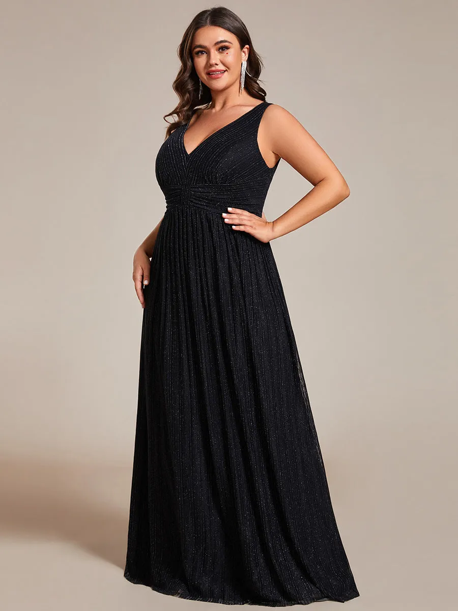 Plus Glittery Pleated Empire Waist Sleeveless Formal Evening Dress