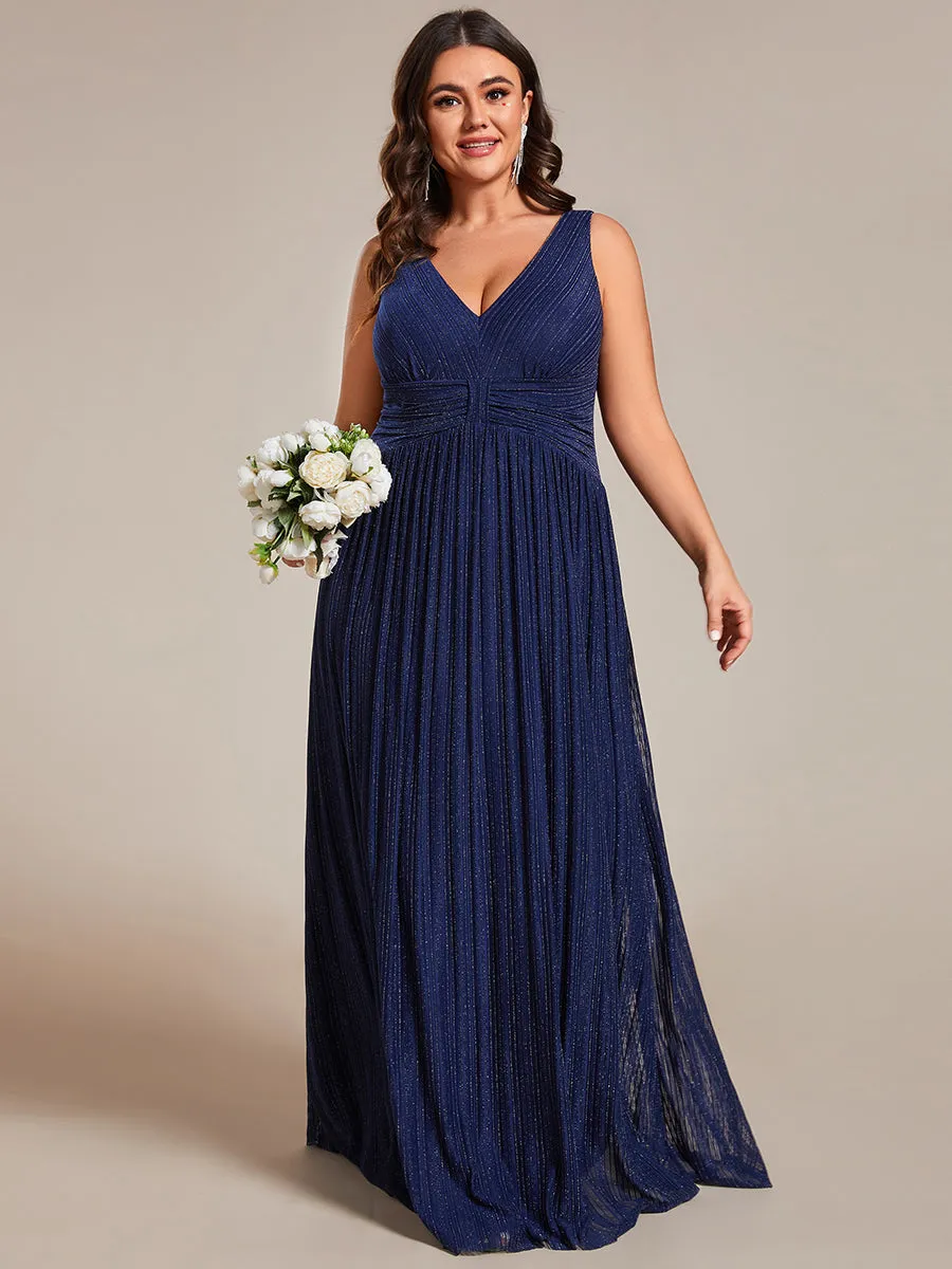 Plus Glittery Pleated Empire Waist Sleeveless Formal Evening Dress