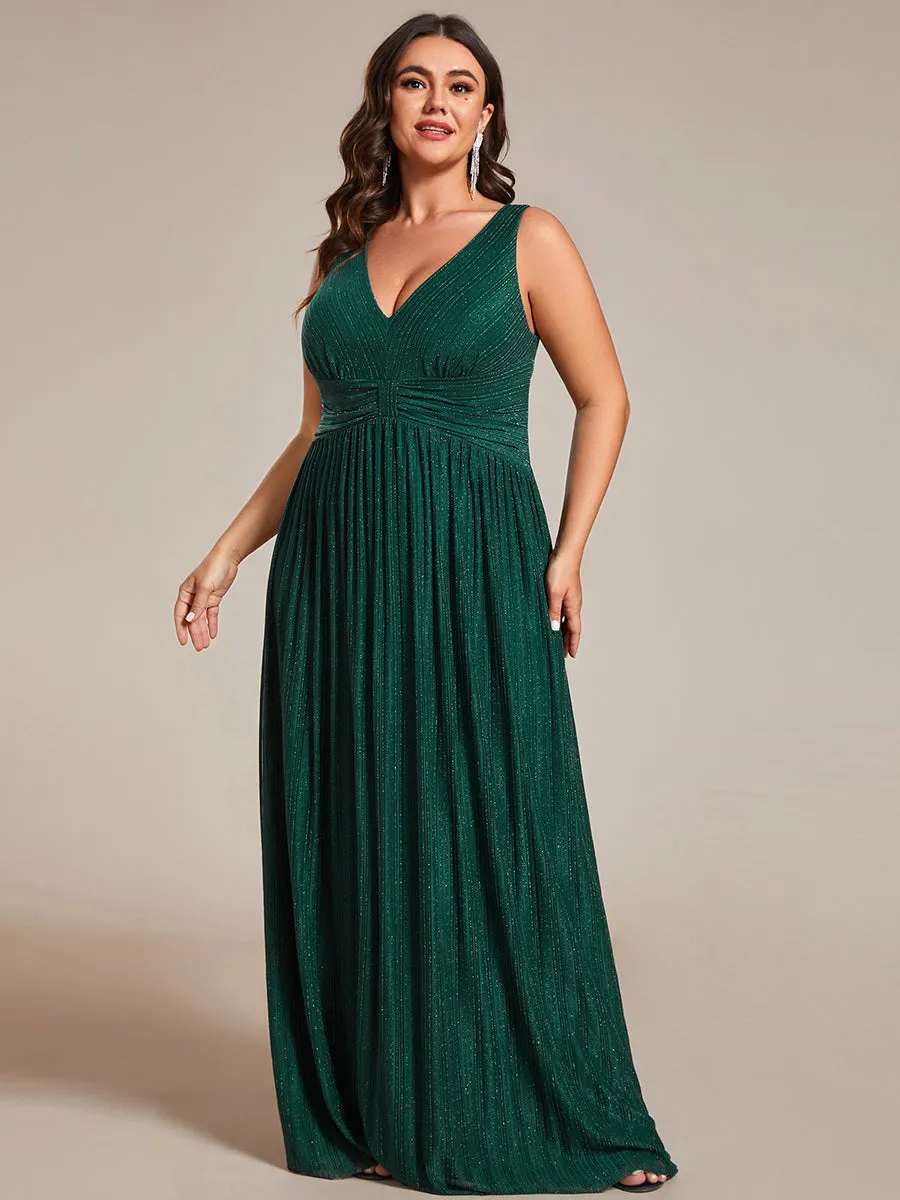 Plus Glittery Pleated Empire Waist Sleeveless Formal Evening Dress