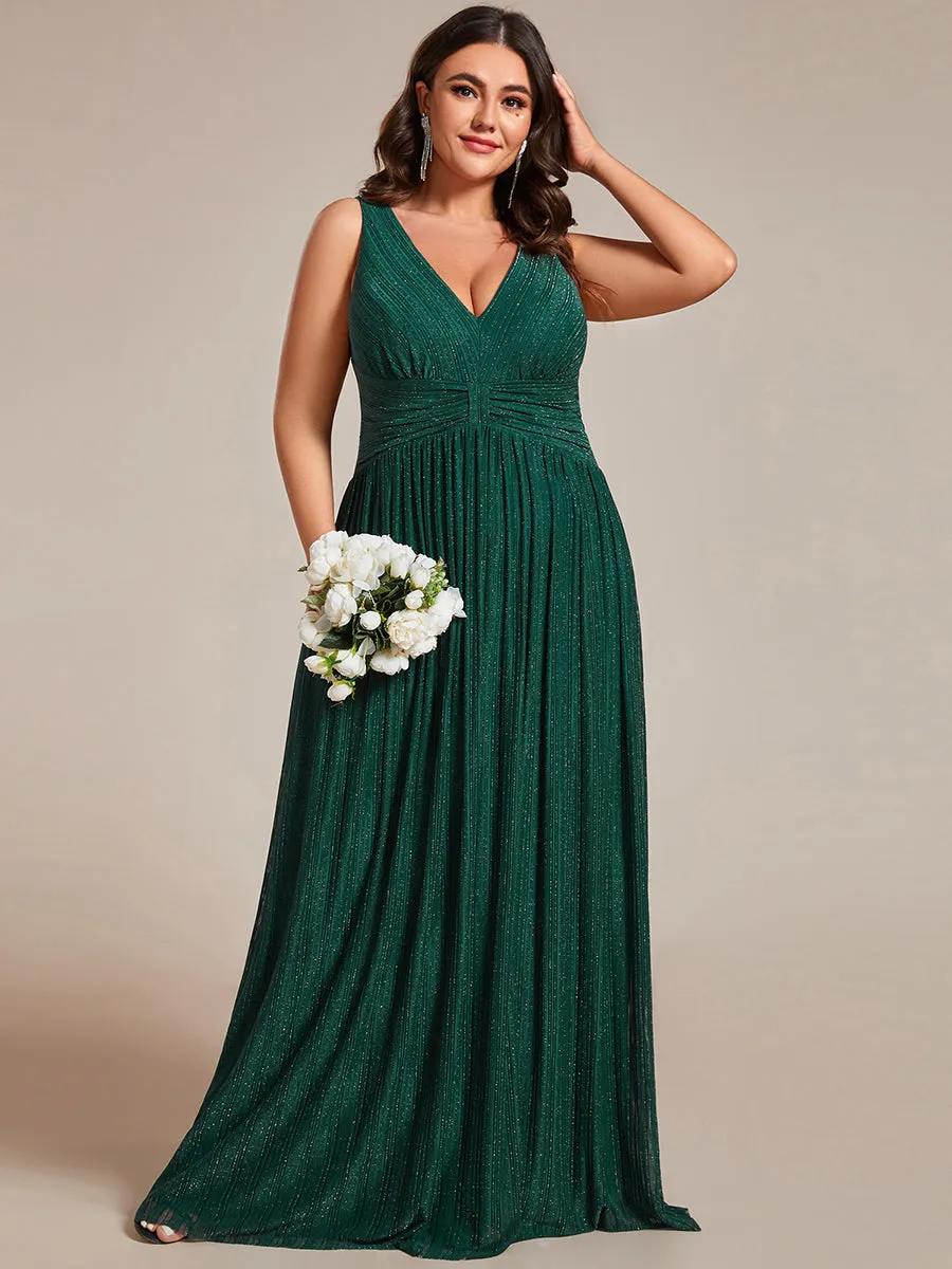 Plus Glittery Pleated Empire Waist Sleeveless Formal Evening Dress