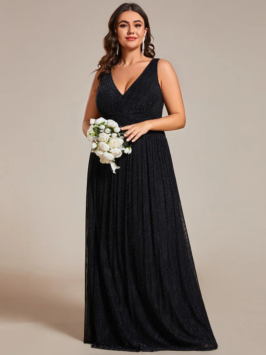 Plus Glittery Pleated Empire Waist Sleeveless Formal Evening Dress