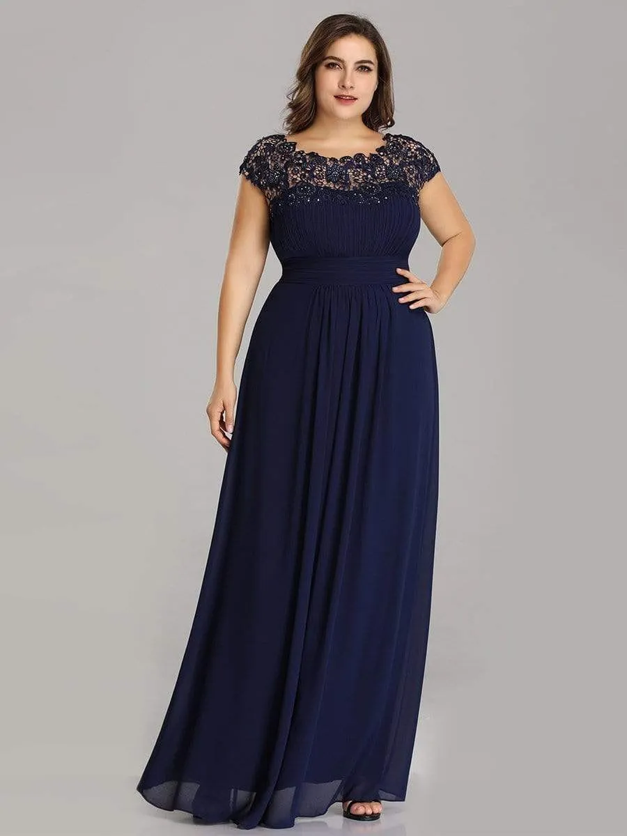 Plus Size Maxi Long Formal Lace Cap Sleeve Evening Dress